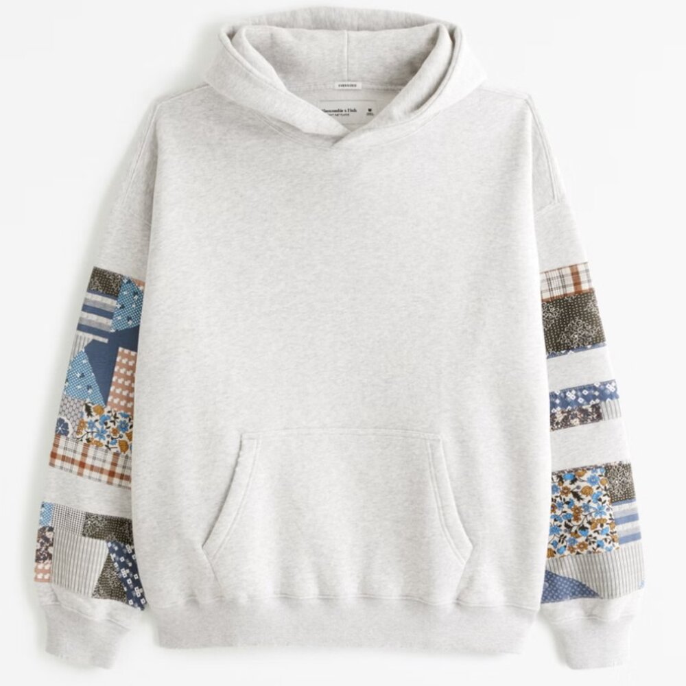 Abercrombie & Fitch Essential Popover Hoodie, Light Heather Gray Patchwork, S